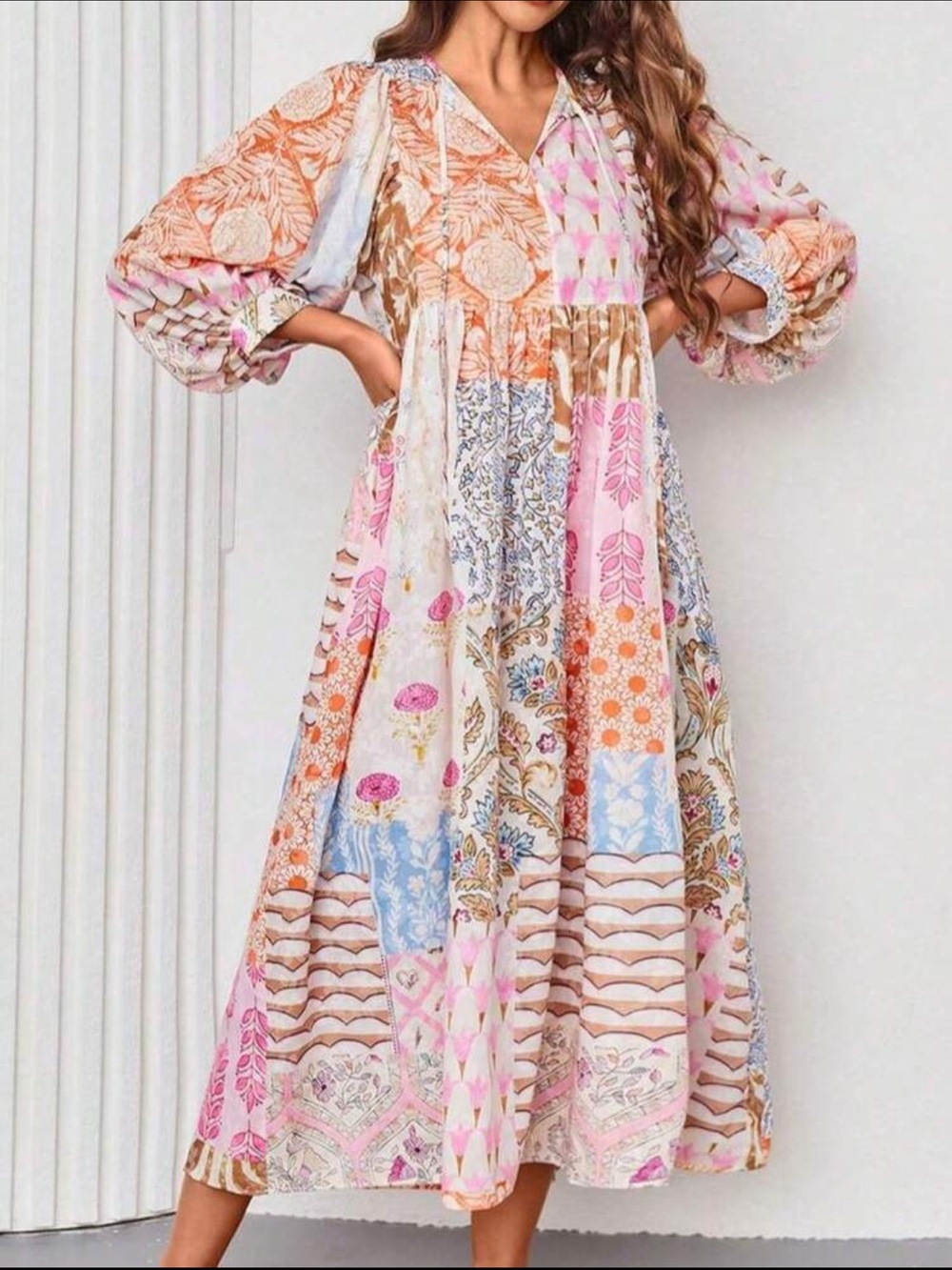 Boho Patchwork Midi Dress - Pink Multi